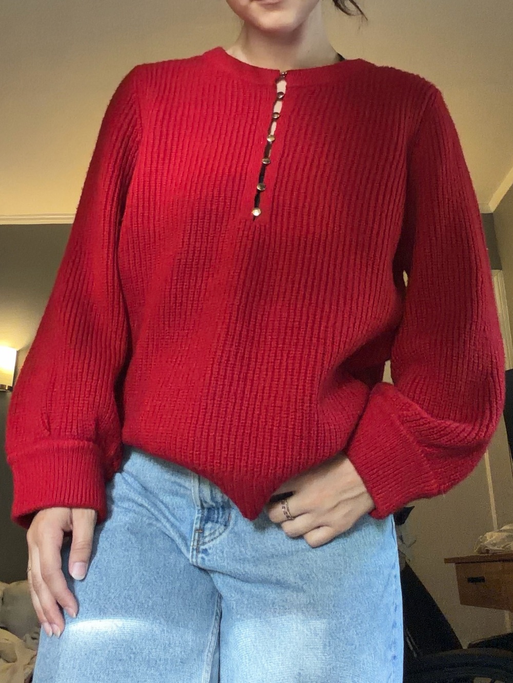 Liz Claiborne Red Chunky Ribbed Cardigan with Gold Buttons